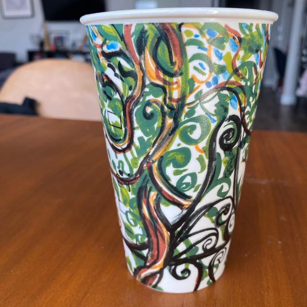 ~2010 Anthropologie painted ceramic cup - green trees and leaves